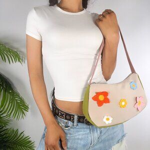Vintage 90s Style Floral Crochet Embroidered Cottagecore Handbag Zipper Closure